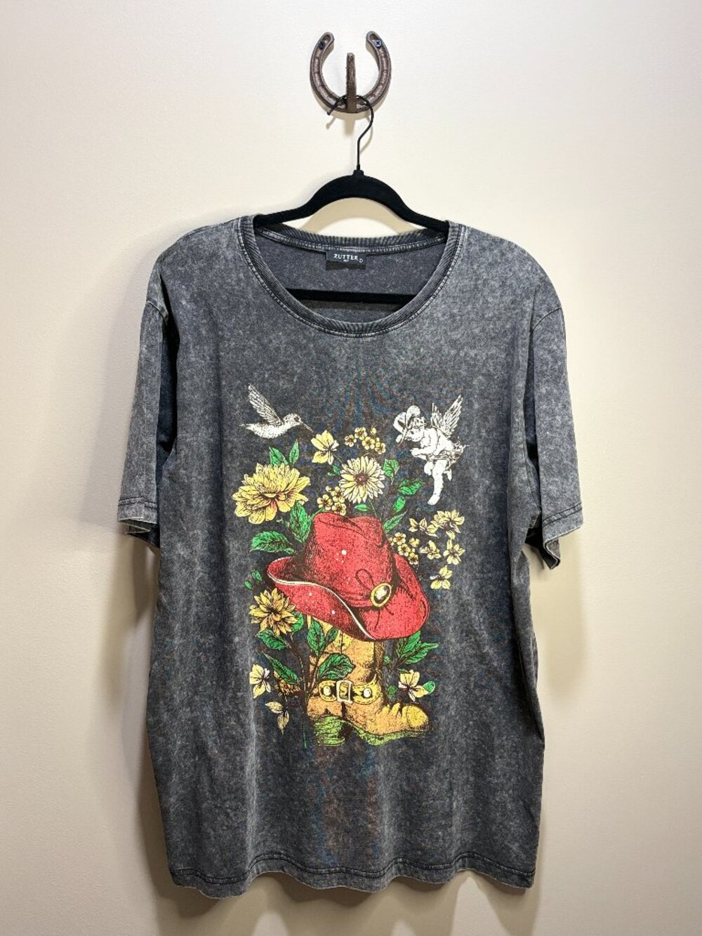 Zutter Western Graphic Acid Wash Tee Charcoal Grey Large Cowboy Boot Sunflower - Picture 2 of 5
